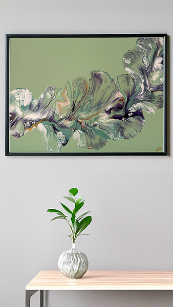 Luminous Dreams Bloom is a 20x16-inch acrylic triptych with flowing greens, blues, purples, golds, on a matte sage green background with a glossy finish, created using the Dutch pour technique.
