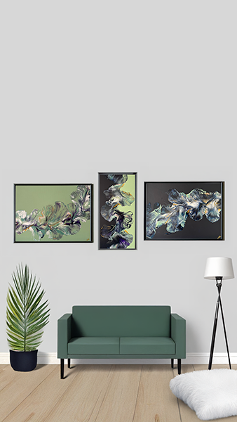 This triptych titled 'Dreams' includes three acrylic paintings: 'Luminous Dreams Bloom' (20x16) with vibrant colors symbolizing aspirations; 'Whispers of Twilight Dreams' (10x20) capturing delicate, emerging dreams; and 'Twilight Tranquility' (20x16) showing a serene mix of dreams and reality. Each uses Dutch pour techniques with gloss and matte finishes, reflecting the artist's soul. 