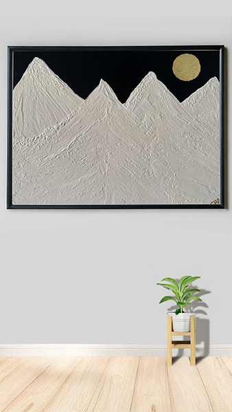 A textured 14x11-inch mixed media painting of Twilight Mountain, featuring a rugged mountain range against a dark, inky sky with a glowing golden moon.