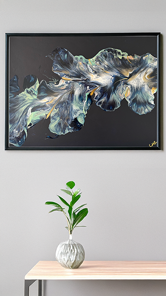 Alt text: A 20x16-inch acrylic Dutch pour titled 'Twilight Tranquility' with swirling blues, greens, purple, and gold on a navy matte background, part of a triptych, radiating tranquility and flow.