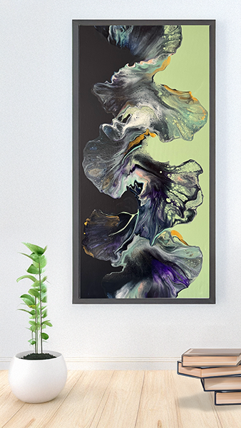 A 10x20-inch acrylic Dutch pour titled 'Whispers of Twilight Dreams' features blues, greens, purple, and gold. Part of a triptych or standalone, it depicts ethereal twilight and luminous dreams in a fluid dance.